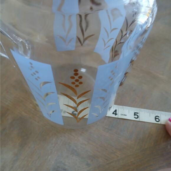 Vintage 7" MCM Frosted Glass Ice-Lip Pitcher Retro Glass Pitcher Blue Gold - Picture 7 of 8